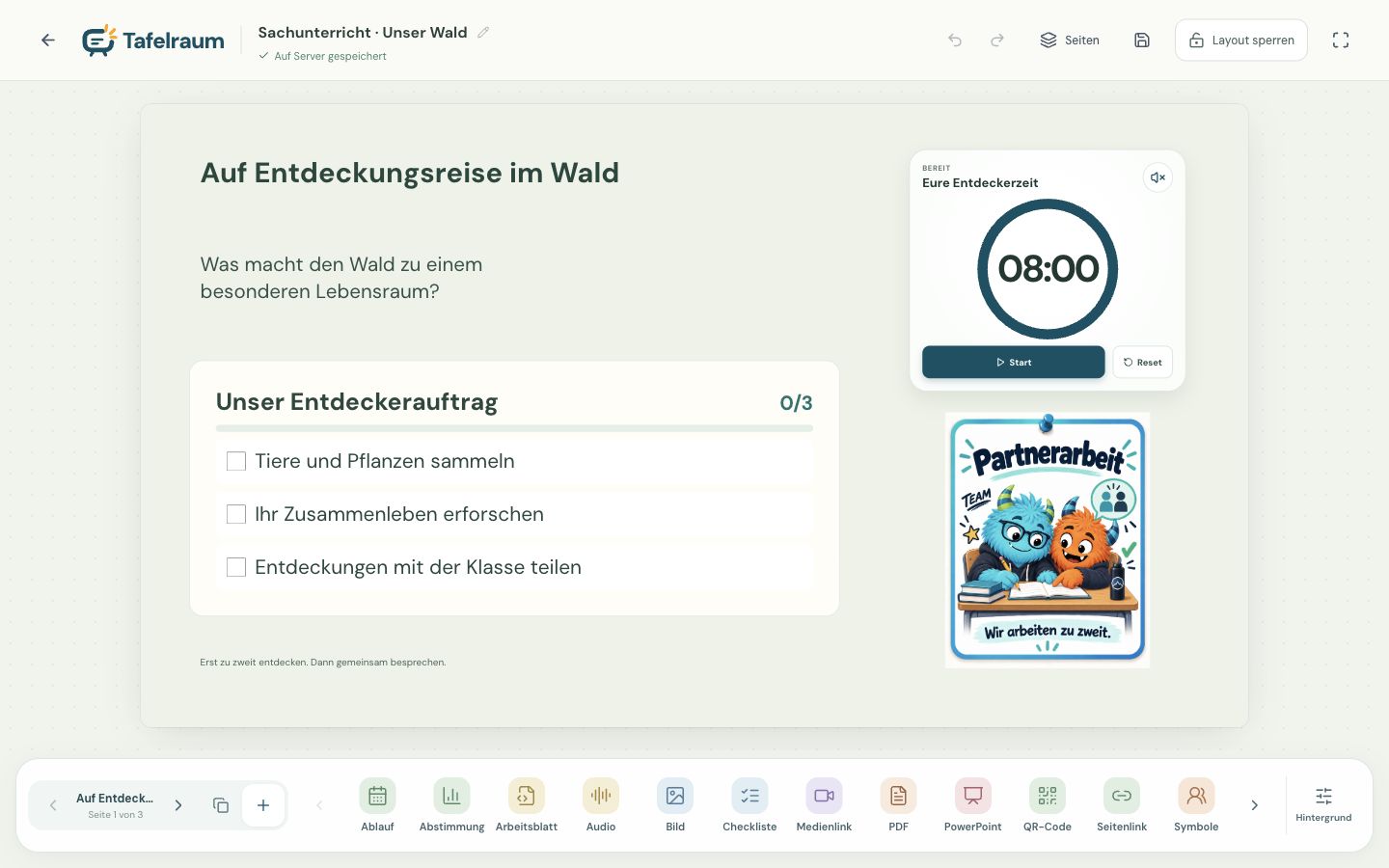 Echte Tafelraum-Oberfläche mit der Wald-Entdeckertafel, Aufgaben, Timer und Partnerarbeit